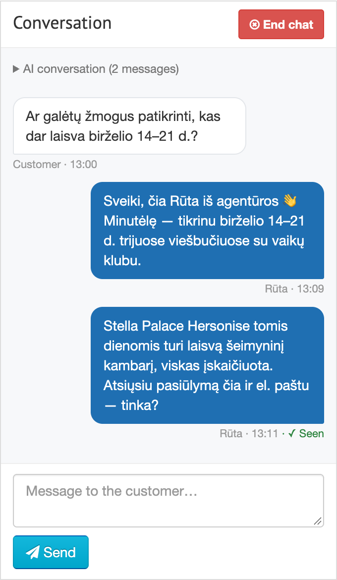Agento pusė: tas pats pokalbis užklausos puslapyje kelionių sistemoje