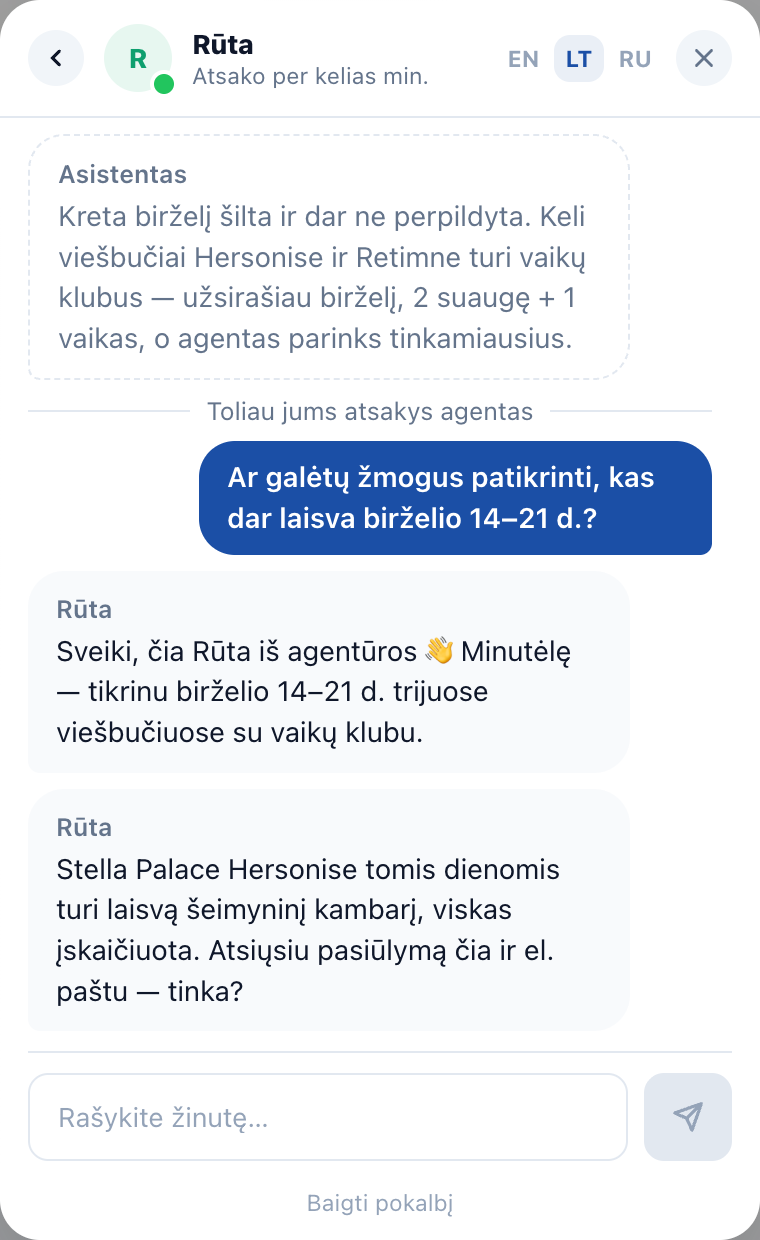 Kliento pusė: agentė Rūta atsako pokalbio lange